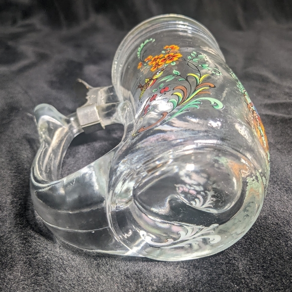 German Beer Stein Vintage Lidded Bird Hunter Forest Flower Butterfly Clear Glass - Picture 10 of 11